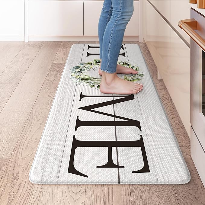 KIMODE Anti Fatigue Kitchen Mat Cushioned, Boho Farmhouse Kitchen Runner Rug, Non Slip Memory Foam Kitchen Mat for Floor, Waterproof Standing Desk Mat for Laundry Office Sink 20"x39" White