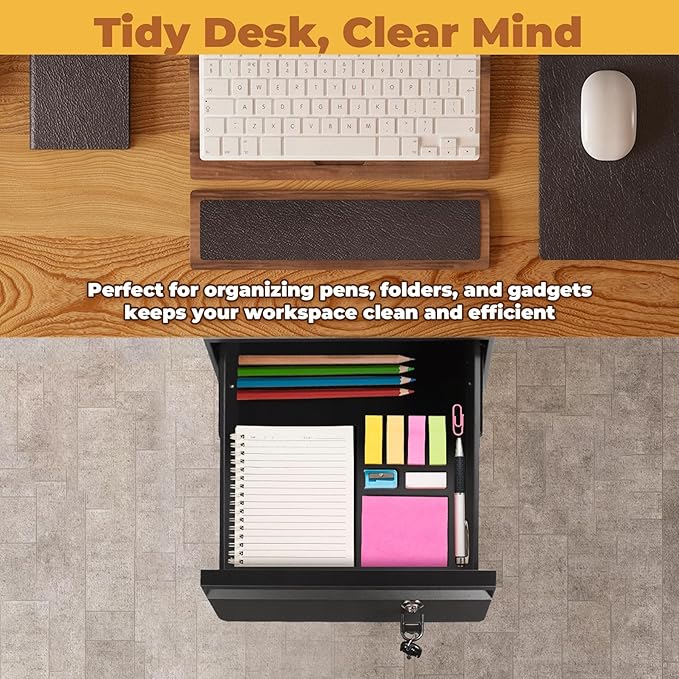 POPMOON 14 In Under Desk Drawer,Under Desk Pull Out Drawer with Lock and Keys,Adjustable Height, Metal Storage Drawer with Slide Extension Mounted Under Flat Wooden Table or Workbench,Black