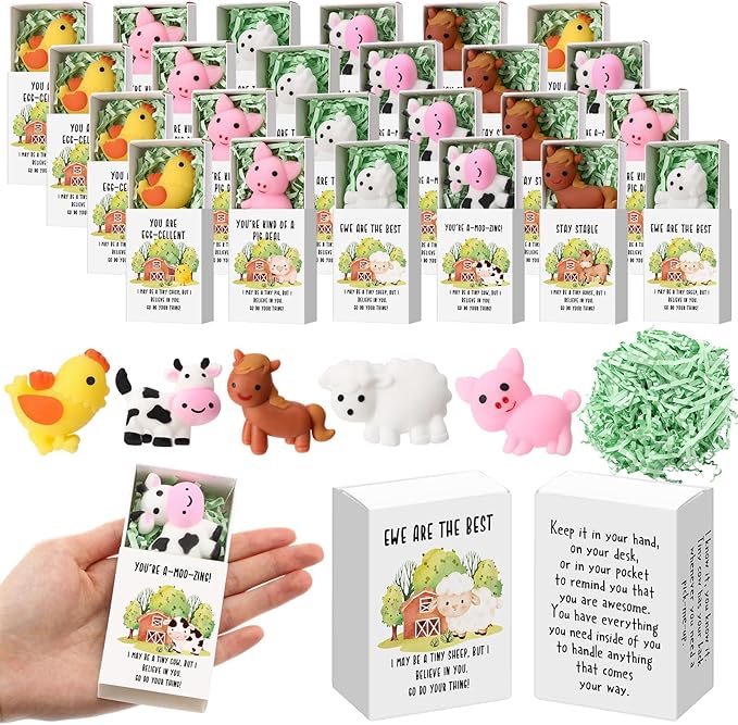 Wettarn 25 Sets Appreciation Farm Animal Gifts Cute Stress Balls with Support Gift Boxes Inspirational Party Favors for Employee Coworker Friends Office Positive Relief Toys