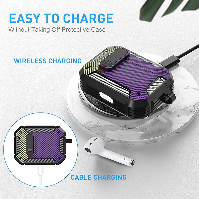 Maxjoy for AirPods Pro Case Cover with Lock, AirPods Pro 1st Generation Case for Men Military Rugged Protective Cover with Keychain Compatible with Apple AirPod Pros 2019 Front LED,Carbon Fiber Purple
