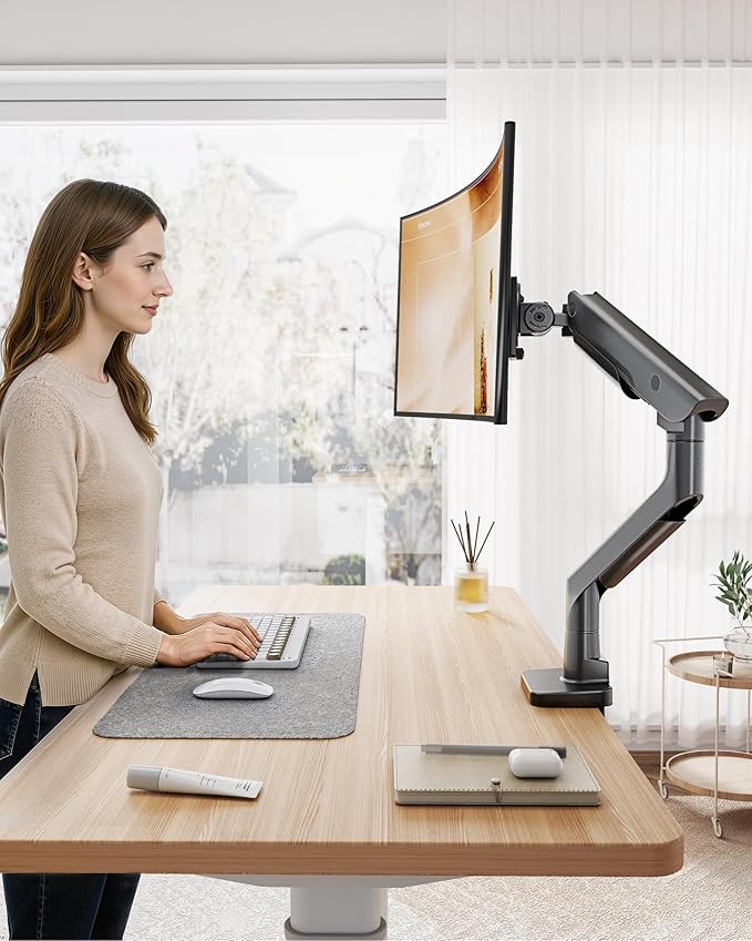 monTEK Sleek Aluminum Monitor Arm for 17–57” Ultrawide Screens up to 59 lbs, Heavy Duty Single Monitor Arm Desk Mount, Pneumatic Lift, Quick-Release Plate, Clamp/Grommet, Max VESA 100x100