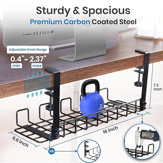 Under Desk Cable Management Tray, 16” No Drill Cord Organizer with Clamps for Wire Management, 4mm Sturdy Wire Desk Cable Organizer Tray, Cable Management Rack for Home & Office (Pack of 2)