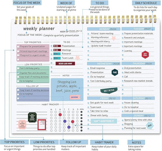 Weekly To Do List Notepad, 8.5''x11'' Weekly Desk Planner with 52 Tear Off Sheets Undated Weekly Planner Habit Tracker & Productivity Organizer for Home and Work, Blue