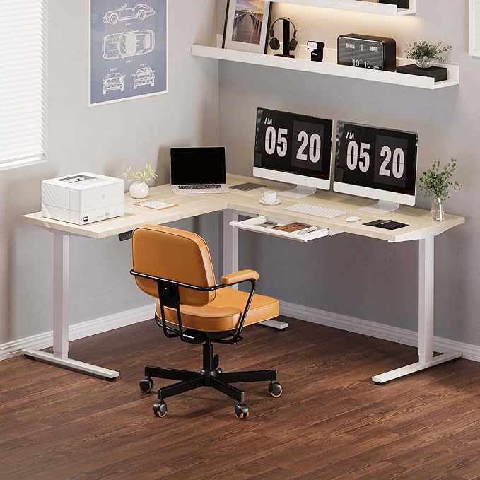 SANODESK L Shaped Electric Standing Desk with Drawer, 71 Inch Ergonomic Adjustable Height Desk with Storage, Corner Desk Sit Stand up Computer Table for Work Office Home, Maple