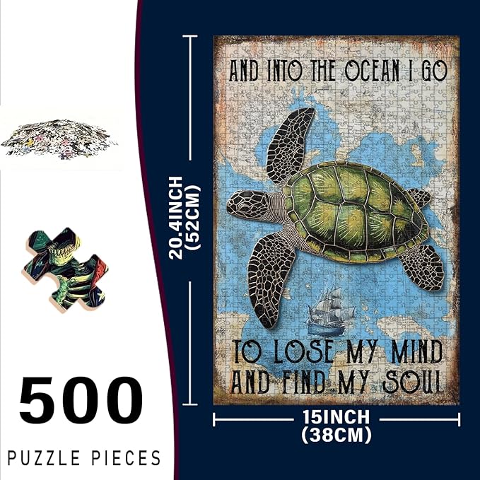 500 Piece Wooden Jigsaw Puzzle Beautiful Sea Turtle and Into Adults & Kids Difficult Brain Teaser for Focus Training & Quiet Family Time 20.4x15 Inch
