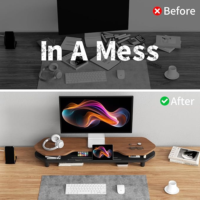 2 Tier Dual Monitor Stand Riser,Wider Board Computer Monitor Stand for 2 Monitors,Slot For Phone/Tablet Office Desktop Organizer for Laptop,PC,Computer,Printer,Walnut Finish