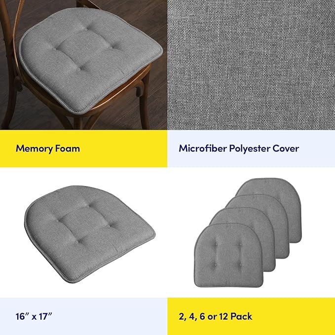 Sweet Home Collection Chair Cushion Memory Foam Pads Tufted Slip Non Skid Rubber Back U-Shaped 17" x 16" Seat Cover, 6 Pack, Grey