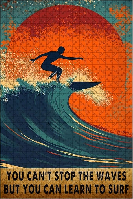 1000 Piece Adults Kids Jigsaw You Can't Stop The Waves But You Can Learn to Surf Kids & Parents Educational Travel Toy 29.5x19.7 Inch