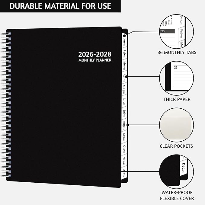 Monthly Planner 2026-2028, 36 Months Calendar Planner 2026-2028 from Jan 2026 – Dec 2028, 8.5'' x 11'' with Ruled Spread, Flexible Cover, Spiral Wirebound, Pocket, Coated Tabs, Notes ＆ Habit Tracker