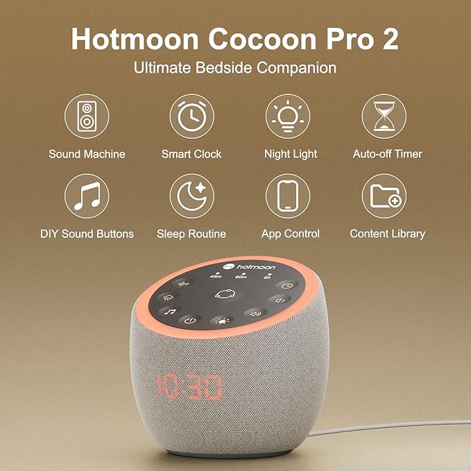 Hotmoon Cocoon Pro 2 Sound Machine 388 Soothing Sounds White Noise Machine for Babies & Adults, Smart Night Light, Sleeping Timer App Control, Brown Noise Pink Noise Block Out Office Yoga, Plug-in