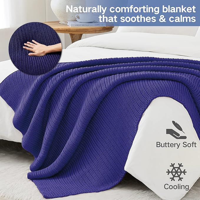 Guohaoi Knitted Weighted Blanket for Adults (Blue 60"x80" 12lbs) No Beads Cooling Throw Blanket for Hot Sleepers, Home Decor Breathable Chunky Knit Heavy Blanket Use on Queen/King Size Bed