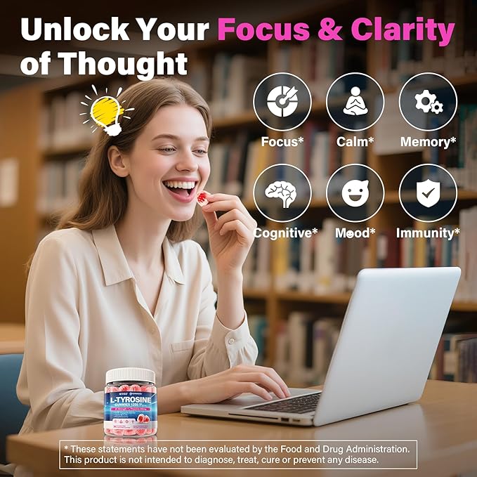 L Tyrosine Gummies Supplement 1200mg, GABA L-Theanine Supplement 200mg with Magnesium Glycinate Vitamin B6, D3 & C - Calm & Focus Gummies - Brain Supplements for Memory, Mood & Relax for Adults, Vegan