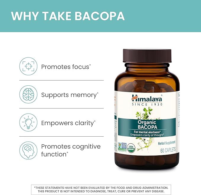 Himalaya Bacopa Monnieri Nootropic Herbal Supplement, Mental Alertness, Supports Calm, Memory, Cognition, USDA Organic, Non-GMO, 750 mg, 60 Plant-Based Caplets, 2 Pack, 120 Day Supply