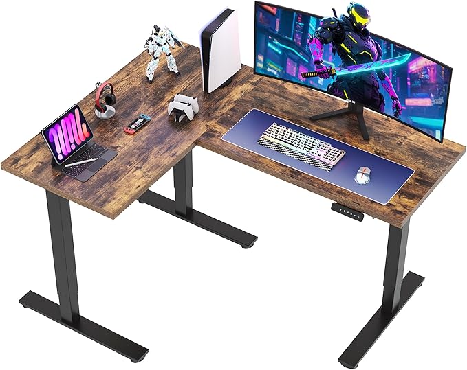 SANODESK L Shaped Standing Desk Adjustable Height, Electric Corner Standing Desk, 63 x 48 inch Sit Stand Computer Table with Splice Board, Rustic Brown