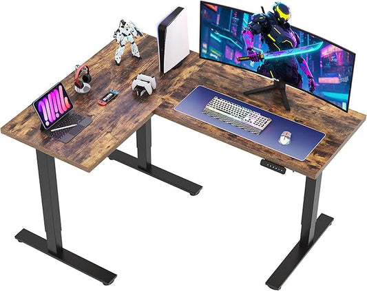 SANODESK L Shaped Standing Desk Adjustable Height, Electric Corner Standing Desk, 63 x 48 inch Sit Stand Computer Table with Splice Board, Rustic Brown