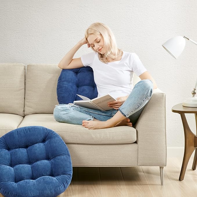 Floor Cushion Pillow Set of 2, Round Large Pillows Seating for Adults, Tufted Corduroy Cushions for Living Room Tatami, Navy Blue, 22 Inch