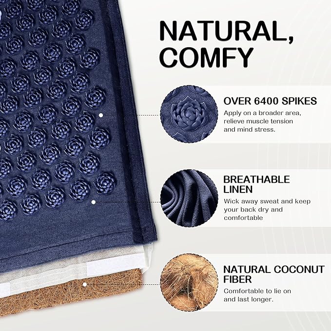 LadyRosian Acupressure Set for Back and Neck Pain Relief, Muscle Relaxation Stress Relief Acupressure Mat and Pillow Set with Bag (Navy Blue)