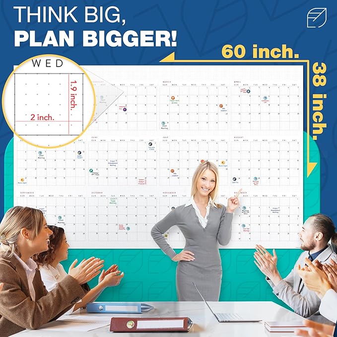 Large Dry Erase Calendar for Wall, 38" x 60" - Undated, Yearly, Reusable - Full 12 Month Year - Includes Markers, Eraser & Accessories