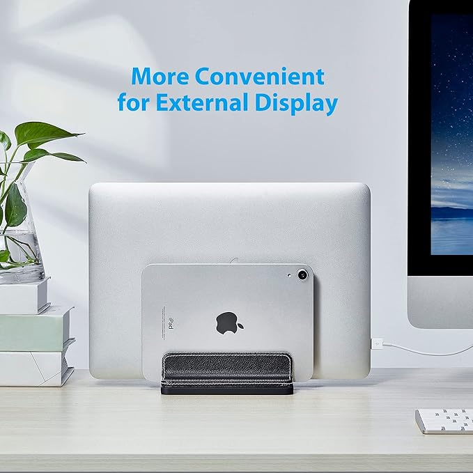 Leather Vertical Laptop Stand,Dual Laptop Holder Stand,Laptop Organizer with Adjustable Dock (18-26mm/0.7-1 in) for All MacBook/Tablet/Surface/Dell/iPad (Black)