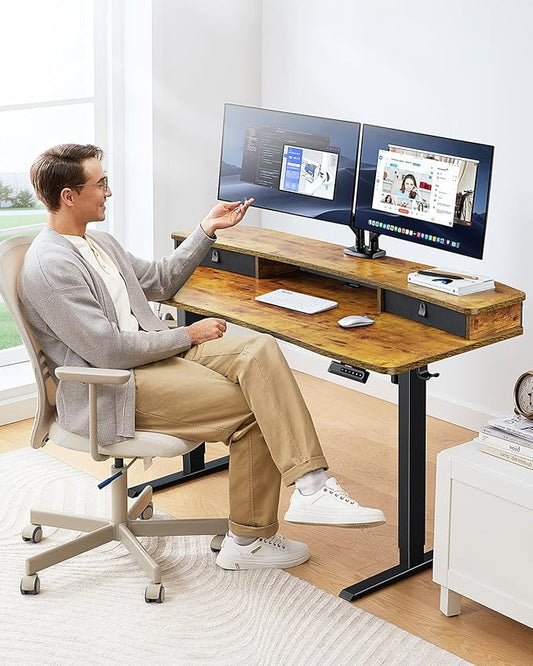 HUANUO 60″ x 30″ Electric Standing Desk with 2 Drawers, C-Clamp Mount Compatible, Height Adjustable Computer Desk, Home Office Stand Up Desk with 4 Preset Heights & 2 Hooks, Vintage Brown