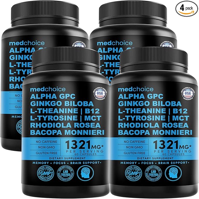 MEDCHOICE 12-in-1 Nootropic Ginkgo Biloba for Brain Support, Memory and Focus - B12, Alpha GPC, L Theanine and Choline Supplements with Bioperine Non Caffeinated 1321mg (240ct)