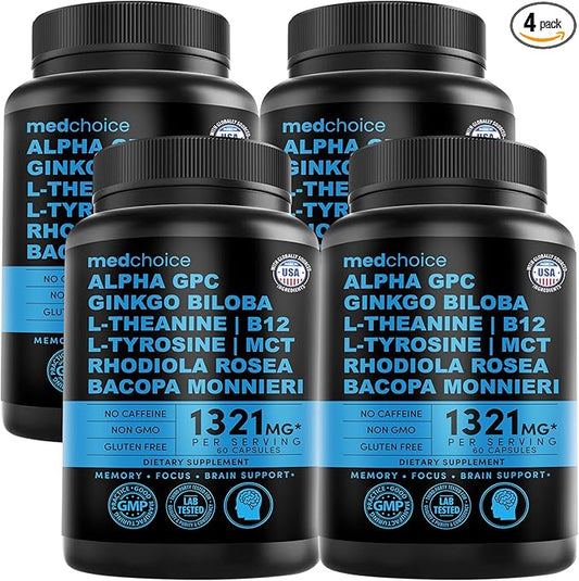 MEDCHOICE 12-in-1 Nootropic Ginkgo Biloba for Brain Support, Memory and Focus - B12, Alpha GPC, L Theanine and Choline Supplements with Bioperine Non Caffeinated 1321mg (240ct)