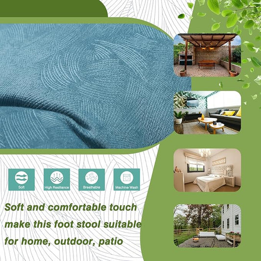 15" Foldable Foot Stool Ottoman with Metal Frame - Washable Blue Upholstered Indoor/Outdoor Footrest for Living Room, Bedroom, Patio - Space-Saving Compact Design