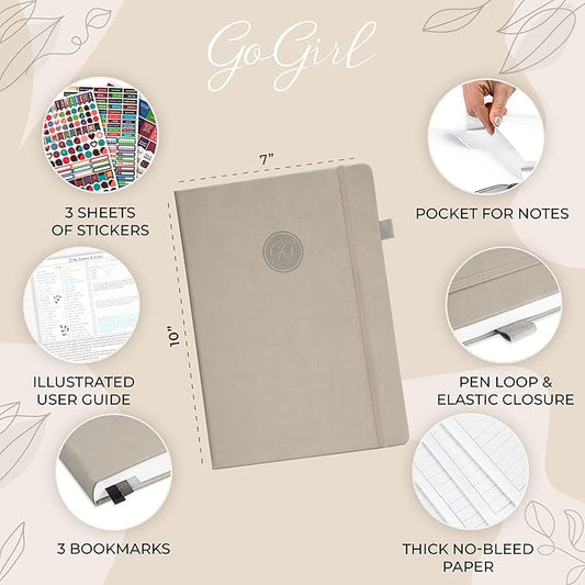 GoGirl Planner PRO Schedule - Undated Planner with Hourly Time Slots, Monthly, Weekly & Daily Organizer, Appointment Book for time Management, 7"x10" Hardcover, Lasts 1 Year - Foggy Alps