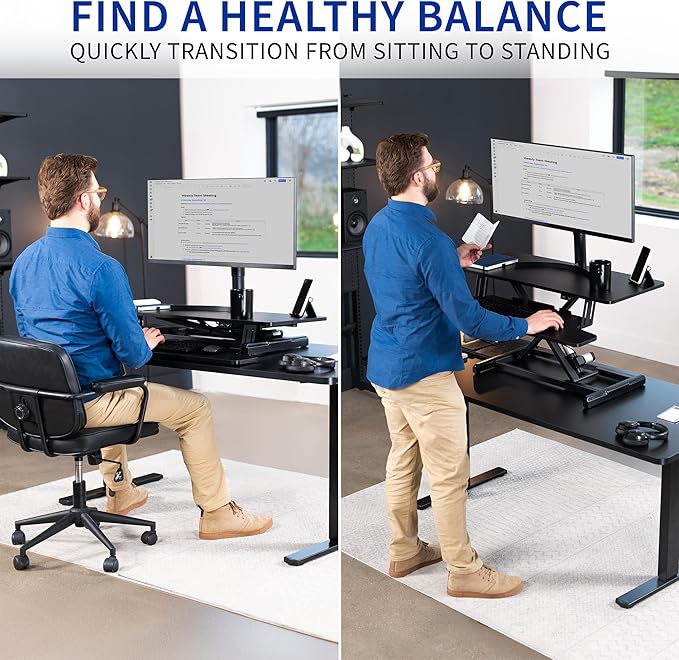 VIVO 36 inch Electric Motor Desk Converter, Height Adjustable Riser, Sit to Stand Dual Monitor and Laptop Workstation with Wide Keyboard Tray, Black, DESK-VE36B