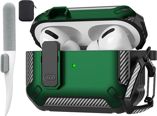 Maxjoy for AirPods Pro Case Cover with Lock, AirPods Pro 1st Generation Case for Men Military Rugged Protective Cover with Keychain Compatible with Apple AirPod Pros 2019 Front LED Visible, Green