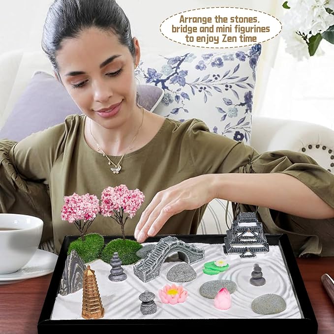 Bbiamsleep Zen Garden Kit for Desk, 9.8 x 7 Inch Mini Zen Sand Garden with 6 Tools, 27 Accessories for Home Office Desktop Japanese Decor