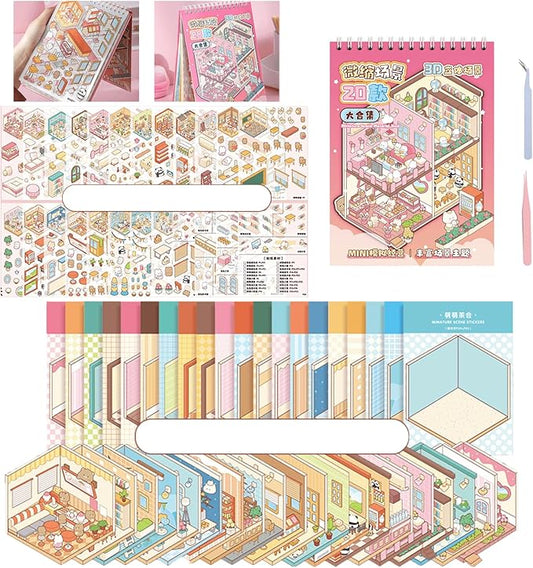 20 Sets DIY 3D Scene Sticker Book for Adults,Cute Sticker Therapy 3D Scenes Relief Stress Pass -Bakery, Library, Panda Supermarket,Tea Party