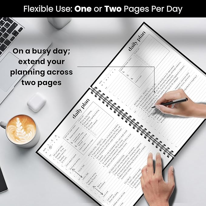 Large Daily Planner with Hourly Schedule, 8.5" x 11" Undated 6-Month Planner, Full Page a Day, 2025-2026 Calendar, To Do List, Time Blocking, Black Aesthetic Hardcover Spiral Notebook for Work Tasks