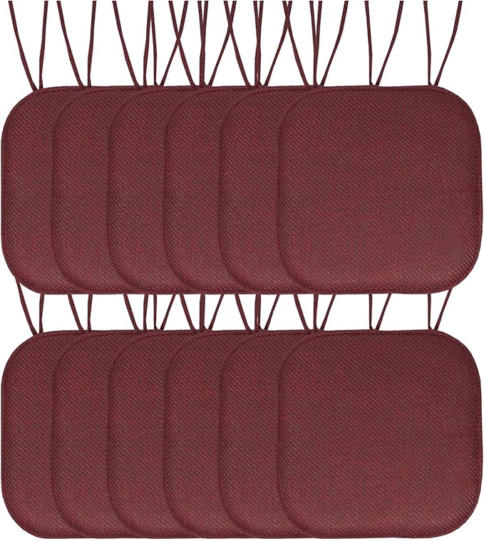 Sweet Home Collection Chair Cushion Memory Foam Pads with Ties Honeycomb Pattern Slip Non Skid Rubber Back Rounded Square 16" x 16" Seat Cover, Herringbone Burgundy, 12 Count (Pack of 1)