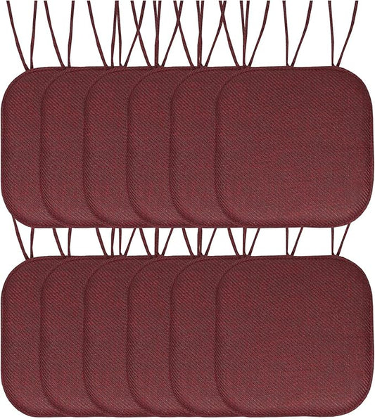 Sweet Home Collection Chair Cushion Memory Foam Pads with Ties Honeycomb Pattern Slip Non Skid Rubber Back Rounded Square 16" x 16" Seat Cover, Herringbone Burgundy, 12 Count (Pack of 1)