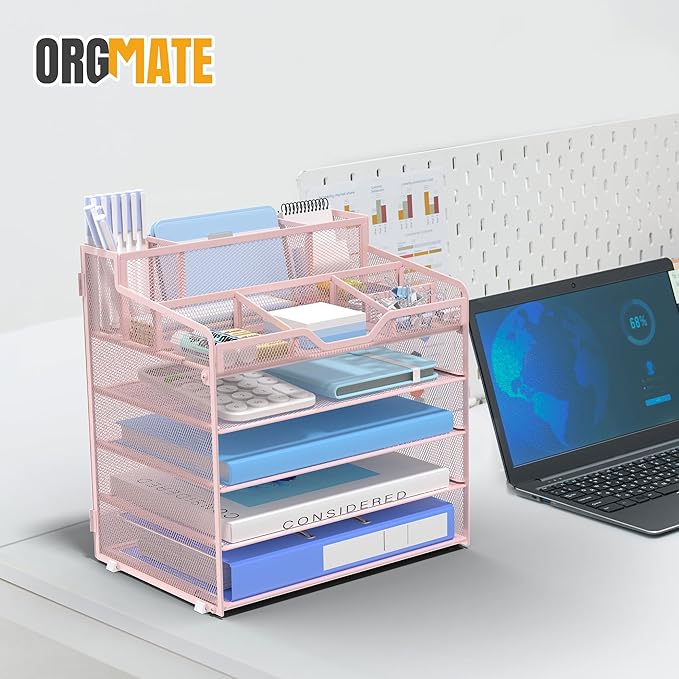 5 Tier Mesh Desk Organizer,Multi Functional Letter Paper Tray with 3 Pen Holders and 5 Adjustable Storage Compartments for Office Supplies Files and Mail Space Saving Desktop Organizer-Pink