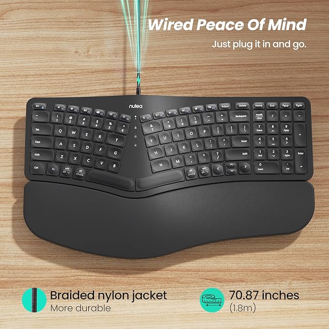 Nulea RT05C Wired Ergonomic Keyboard, Split Keyboard with Cushioned Wrist Rest, Adjustable Tilt Legs, Plug and Play, USB Corded, Compatible with Windows/Mac