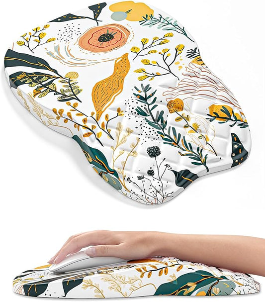 Auhoahsil Ergonomic Mouse Pad with Wrist Rest, Slope Computer Mouse Mat with Wrist Support, Memory Foam Filling, Non-Slip Silicone Base, Pain Relief, for Gaming & Work, 8 x 12 in, White Flowers