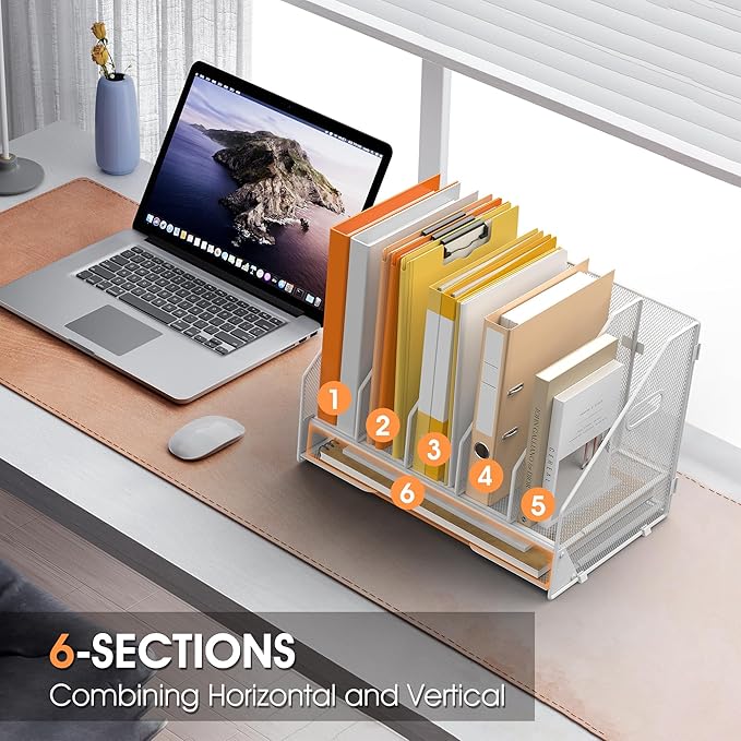 Desk File Folder Holder Organizer-5 Vertical Compartments Racks and Paper Letter Tray,Mesh Magazine File Holder Sorter,Desktop Accessories & Workspace Organizers for Home,Office,School-White