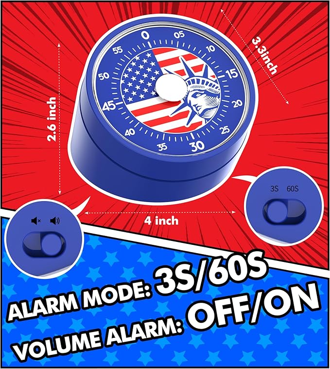 Visual Timer for America Flag - Timers for Classroom Teachers 60 Minutes Countdown Home School Study Tool, Non-Ticking Rotating Timer for Exam Work Kitchen Office Gym, 1 Pack