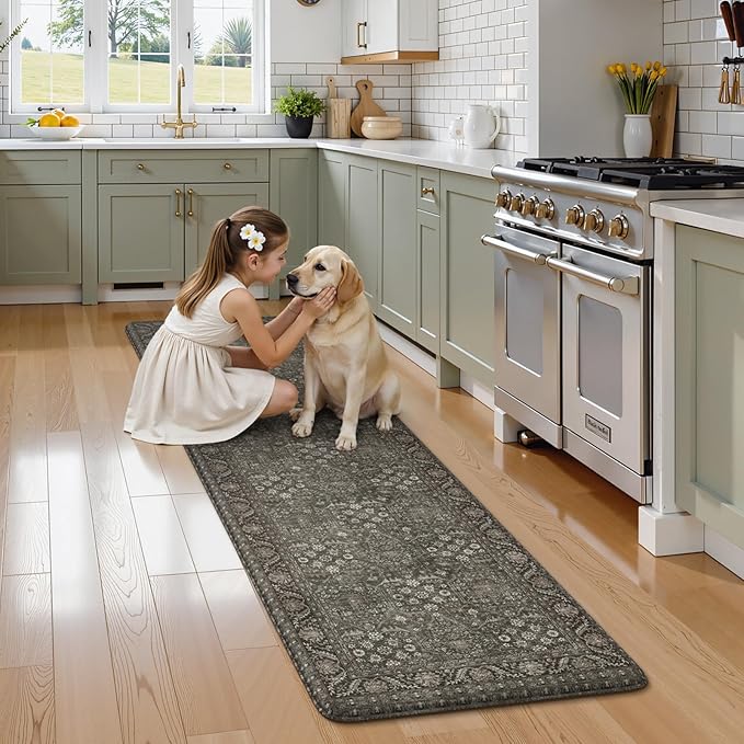 KIMODE Anti Fatigue Mats for Kitchen Floor 24"x71", Grey/Green Farmhouse Kitchen Runner Rugs, Cushioned Kitchen Floor Mat Non Skid, Memory Foam Kitchen Mat for Laundry Office Sink Desk