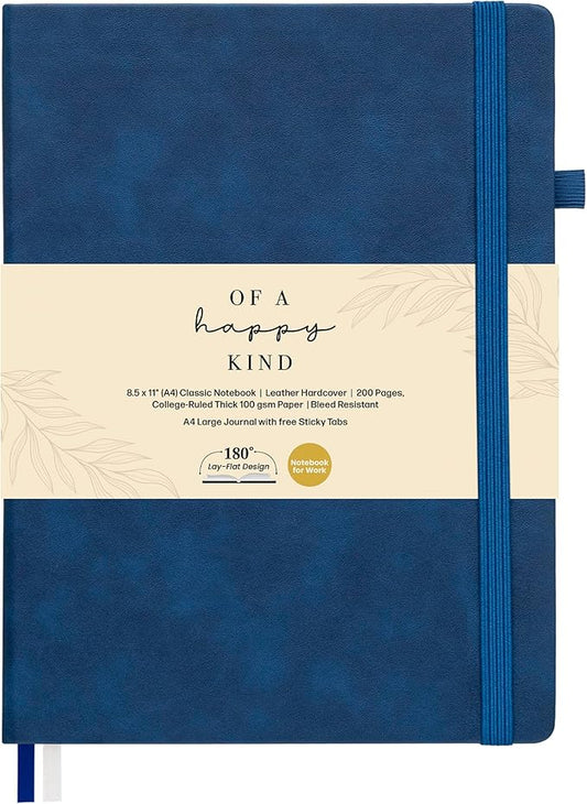 Classic Lined Journal Notebook 8.5x11" A4 Hardcover Leather - Blue - 200 Pages College Ruled Large with Sticky Tabs, Pockets, and Pen Loop for Writing and Journaling - Big Hardback Men and Women