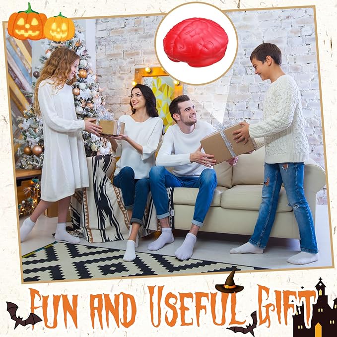 Leitee 12 Pcs Brain Stress Balls Bulk Large Halloween Brain Toys PU Hand Muscle Exercise Pressure Ball Funny Stress Relief Toy for Teens Adult Improving Grip Strength Prop(Red)