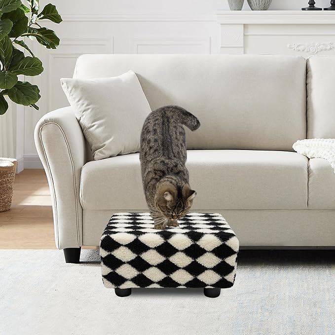 CAROLMADE Small Foot Stool Ottoman Sherpa Footstool with Legs Under Desk Footrest for Living Room Bedroom and Office, Soft Black+White