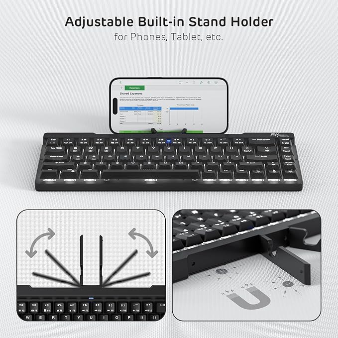 RK ROYAL KLUDGE F68 60% Foldable Low Profile Mechanical Keyboard, Wireless Mechanical Keyboard with Aluminum Body, Built-in Stand Holder, White Backlit, 68 Keys, Tactile Brown Switch