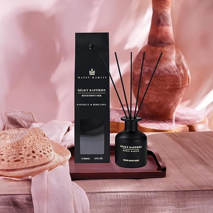 Silky Saffron Reed Diffuser 5 oz - Luxury Aromatherapy with Magnolia, Bergamot - Home Decor Gift for Bedroom, Office, Living Room, Bathroom - Long-Lasting Scent - Premium Fragrance Sticks