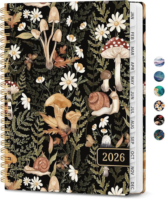 2026 Planner, Monthly and Weekly Calendar Planner for Women, January 2026 - December 2026, Hardcover Pretty 2026 Agenda Planner Book with Tabs, Spiral Bound, Perfect for School Office Home Supplies, 6.3" x 8.5" - Mushroom