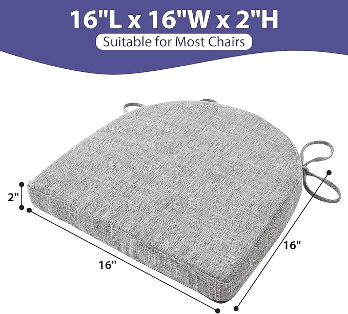 Chair Cushions for Dining Chairs with Ties and Removable Cover, Dining Kitchen Chair Pads with Non-Slip Bottom, High-Resilience Indoor Seat Cushions, 16'' x 16'' x 2'', Set of 4, Light Grey