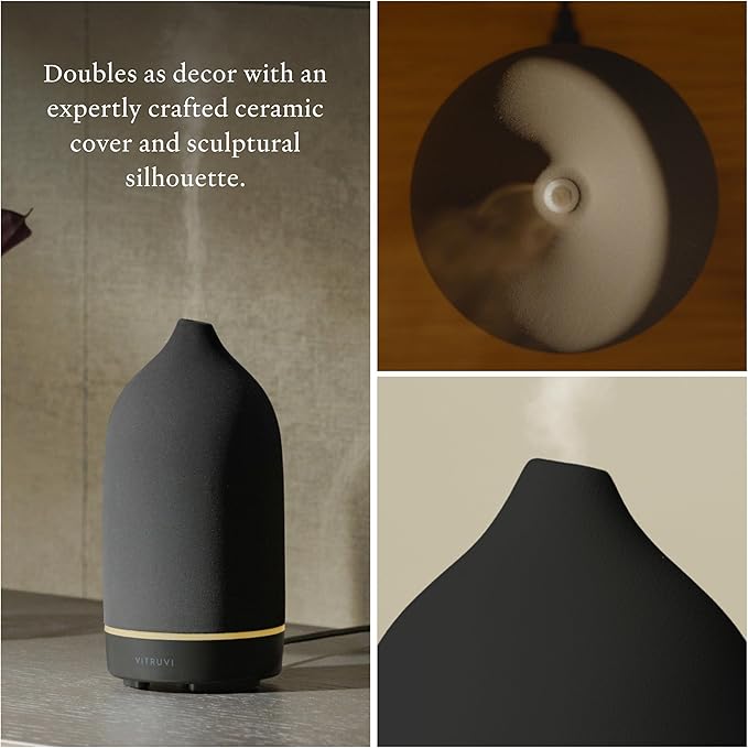 Vitruvi Stone Diffuser, Ceramic Ultrasonic Essential Oil Diffuser for Aromatherapy | Ceramic Diffuser, Diffusers for Home, Oil Diffuser, Room Decor | Black, 90ml Capacity