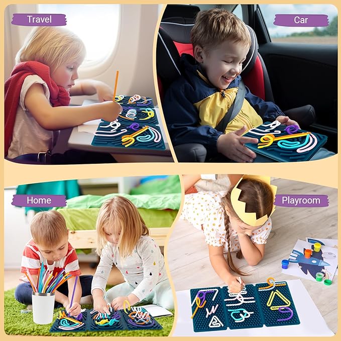 Sensory Activity Board, Six-Sided Silicone Sensory Fidget Toy with 40 Strings for Autism, Stress Relief, Calming, Focus & ADHD, Great for Kids 3+ & Adults with User Guide & Portable Travel Bag